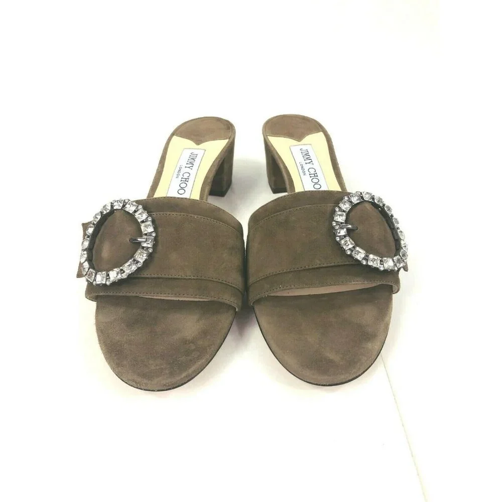 Jimmy Choo $700 Granger 35 Embellished Suede Sandals Green Brown 40